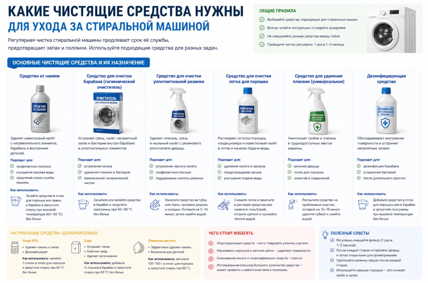 Какие чистящие средства нужны для ухода за стиральной машиной