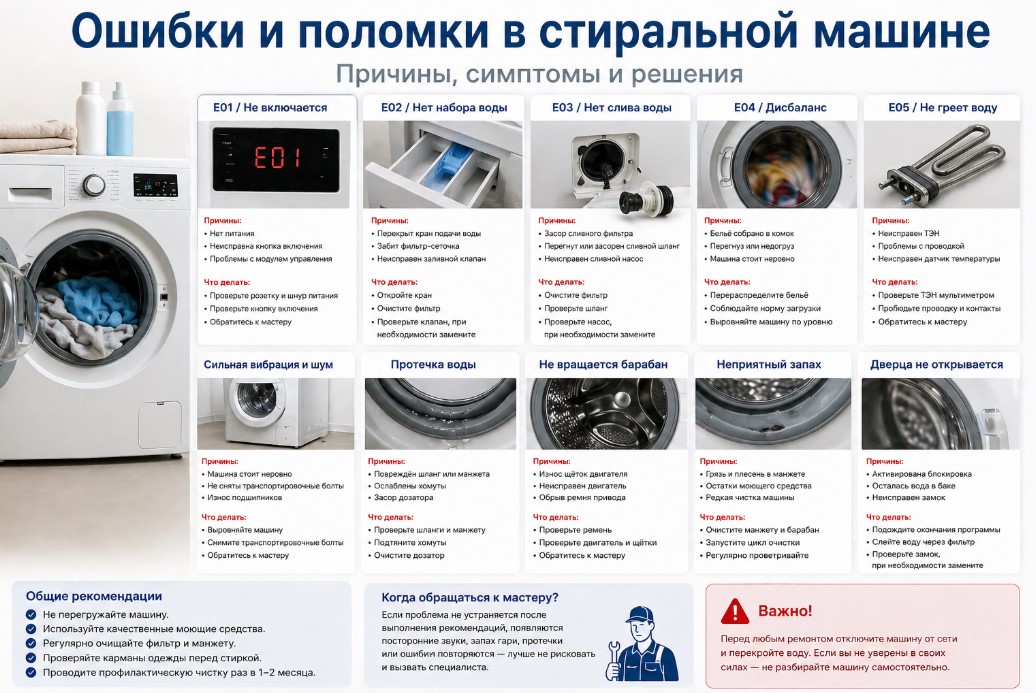 Ошибки и поломки в стиральной машине Ошибки и поломки в стиральной машине