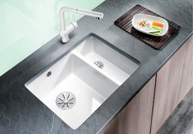 Мойка Blanco SUBLINE 350/150-U керамика отводная арматура InFino® глянцевый белый (preview 3)